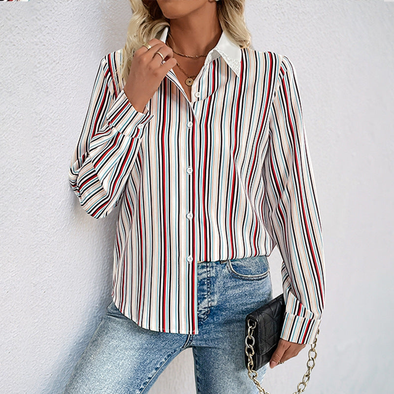 Lapel Color Vertical Striped Shirt For Women Pretty Picks