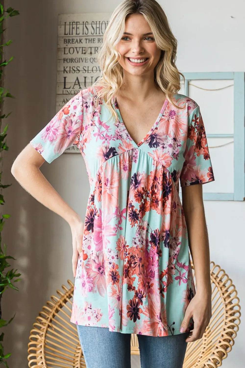 Heimish Full Size Floral V-Neck Short Sleeve Babydoll Blouse MINT Pretty Picks