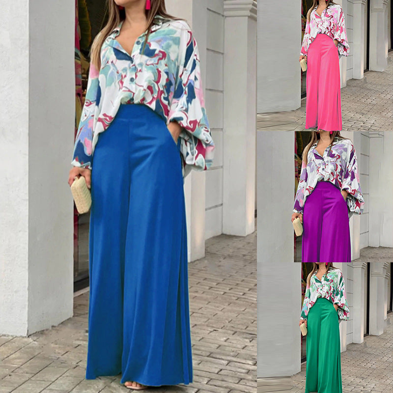 Loose And Elegant Casual Printed Shirt Top Wide Leg Pants Fashion Suit Pretty Picks