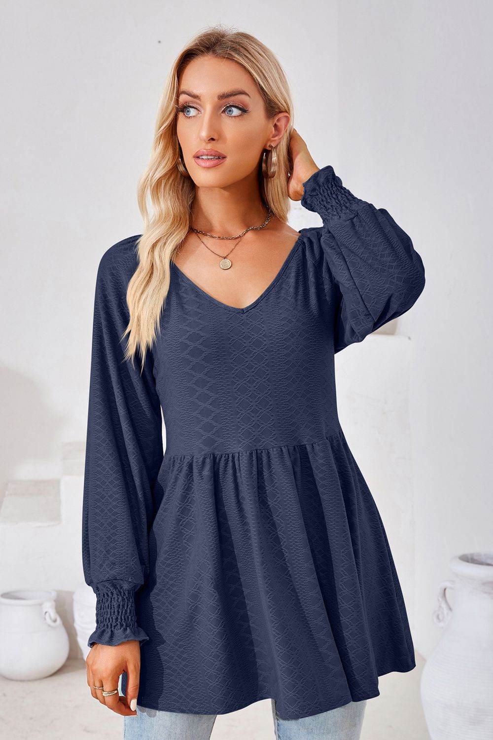 V-Neck Lantern Sleeve Blouse Pretty Picks