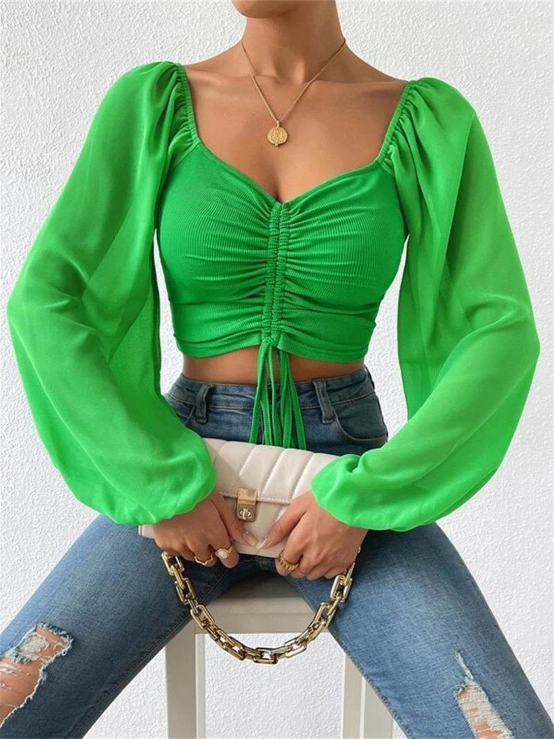 Drawstring Sweetheart Neck Cropped Top Mid Green Pretty Picks