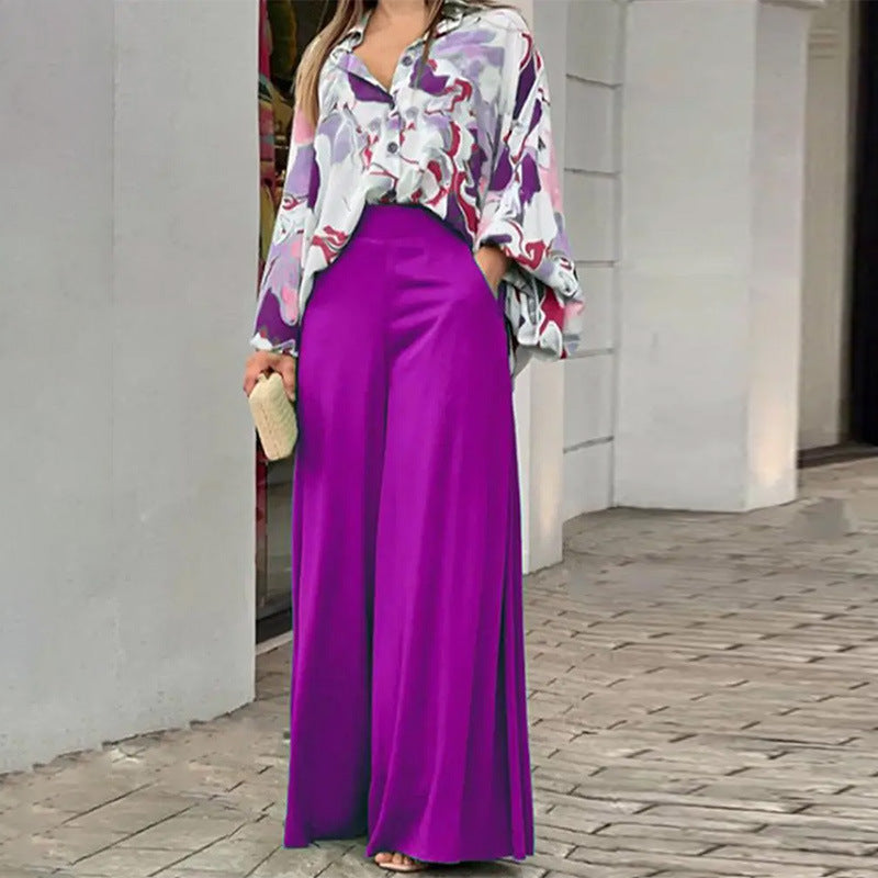 Loose And Elegant Casual Printed Shirt Top Wide Leg Pants Fashion Suit Purple Pretty Picks