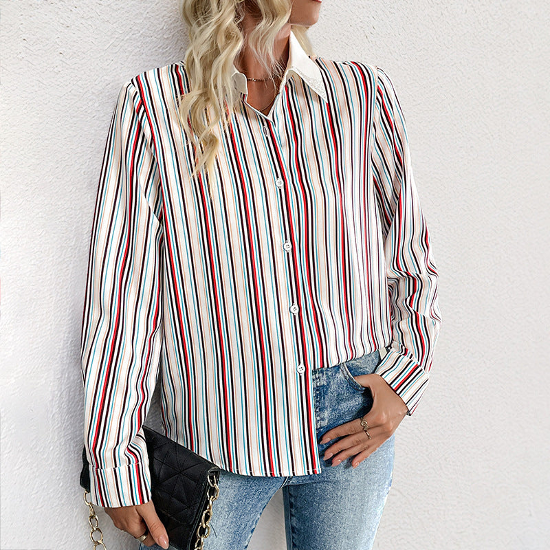Lapel Color Vertical Striped Shirt For Women Pretty Picks