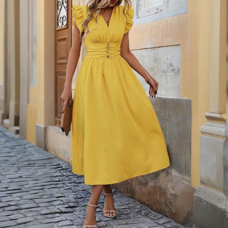 Women's Solid Color Sleeveless V-Neck Dress - High Waist Ruffled Hem Boho Flowy Summer Dress With Shoulder Frills Pretty Picks