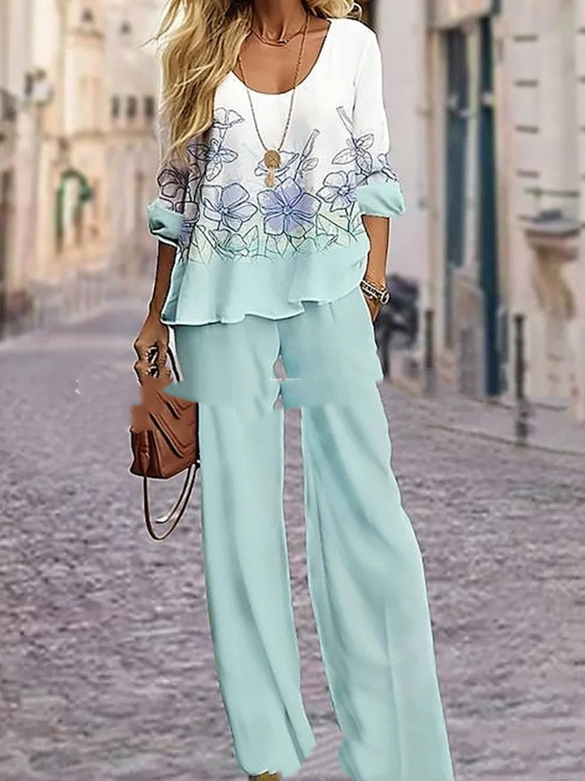 Half Sleeve Round Neck Top Lengthened Trousers Printed Women's Suit Light Green Pretty Picks
