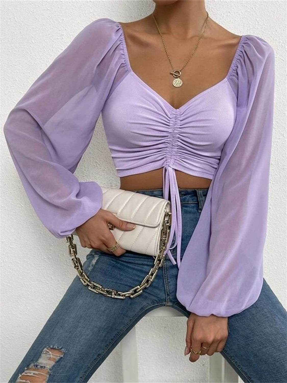 Drawstring Sweetheart Neck Cropped Top Lavender Pretty Picks