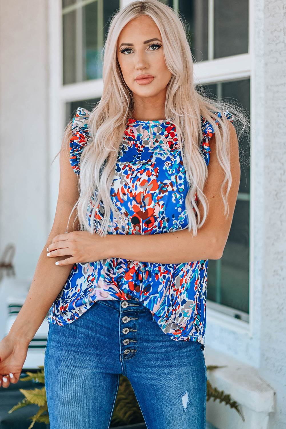 Abstract Print Ruffle Shoulder Top Pretty Picks