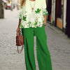 Half Sleeve Round Neck Top Lengthened Trousers Printed Women's Suit Green Pretty Picks