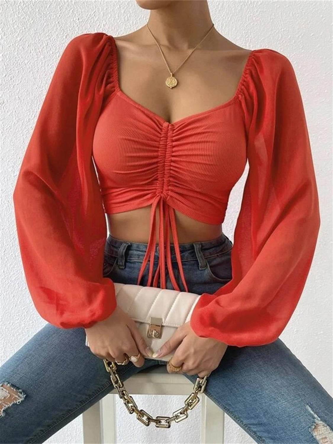 Drawstring Sweetheart Neck Cropped Top Red Orange Pretty Picks