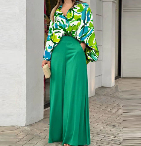 Loose And Elegant Casual Printed Shirt Top Wide Leg Pants Fashion Suit Cyan Pretty Picks