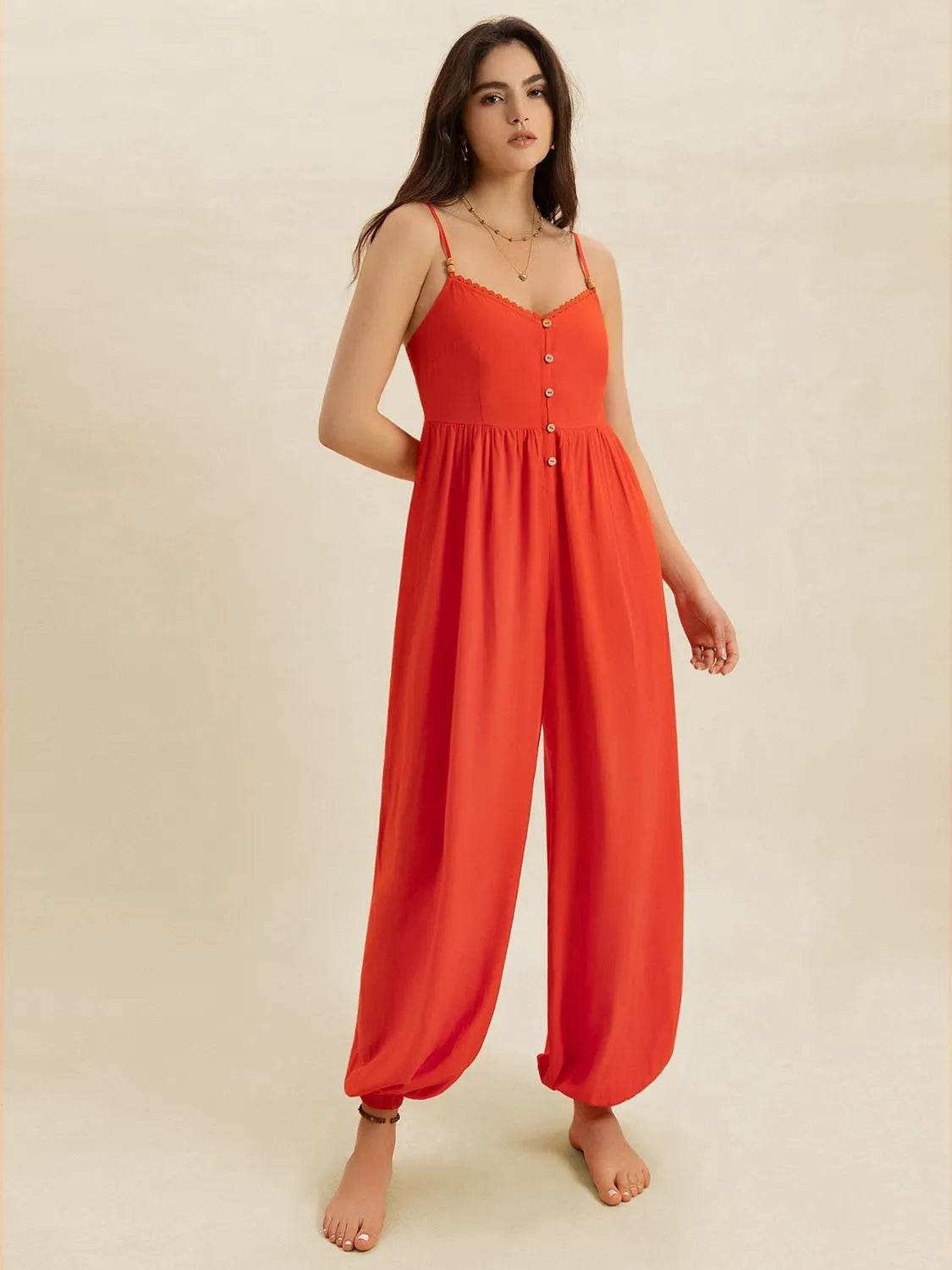 V-Neck Spaghetti Strap Jumpsuit Orange Pretty Picks