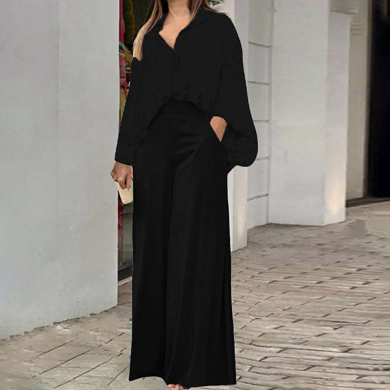 Loose And Elegant Casual Printed Shirt Top Wide Leg Pants Fashion Suit Black Pretty Picks