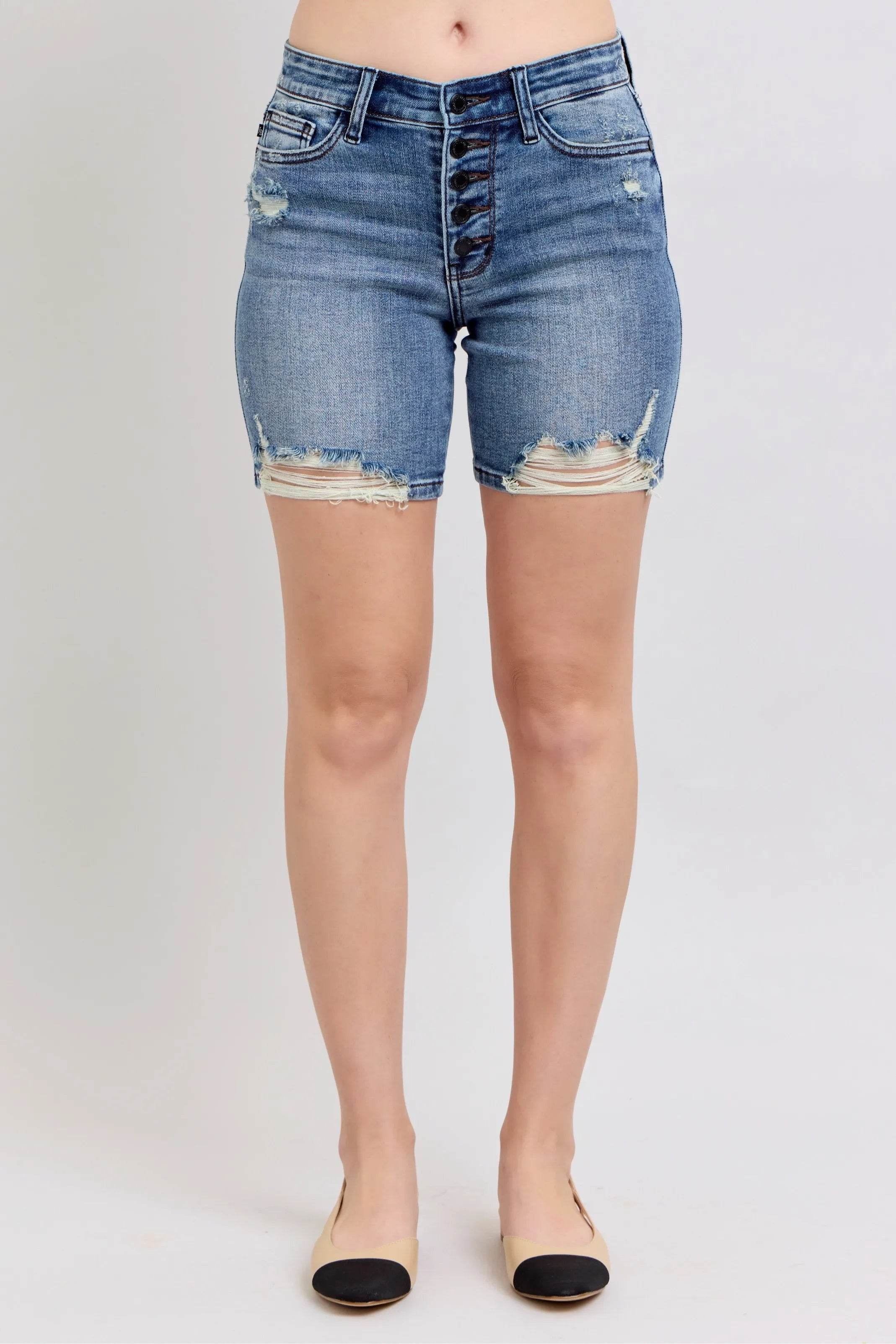 Judy Blue Button Fly Mid Length Denim Shorts W/ Destroy Pretty Picks