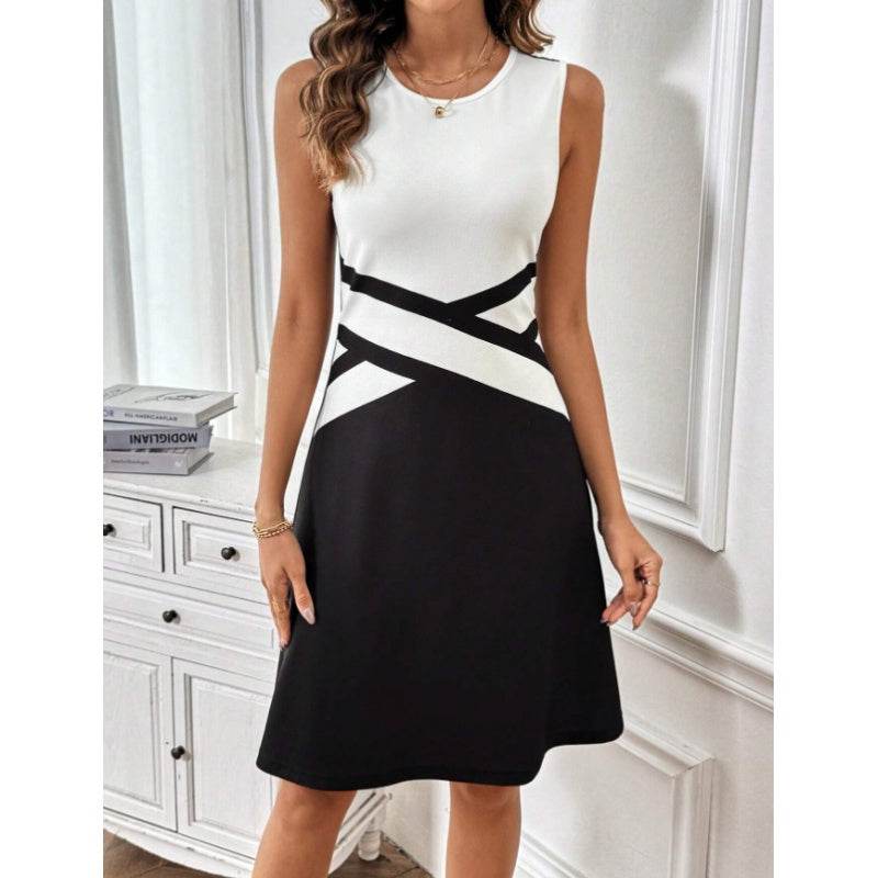 Womens Sleeveless Mini Dress Summer Black White Color Block Crewneck Casual Loose Tank Dresses Pretty Picks