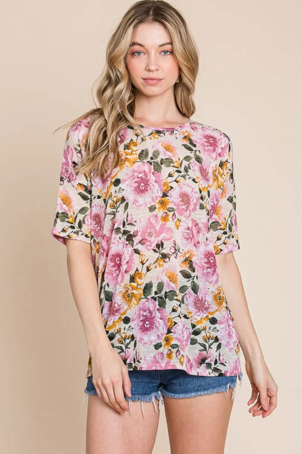 BOMBOM Floral Round Neck T-Shirt Sand Pretty Picks