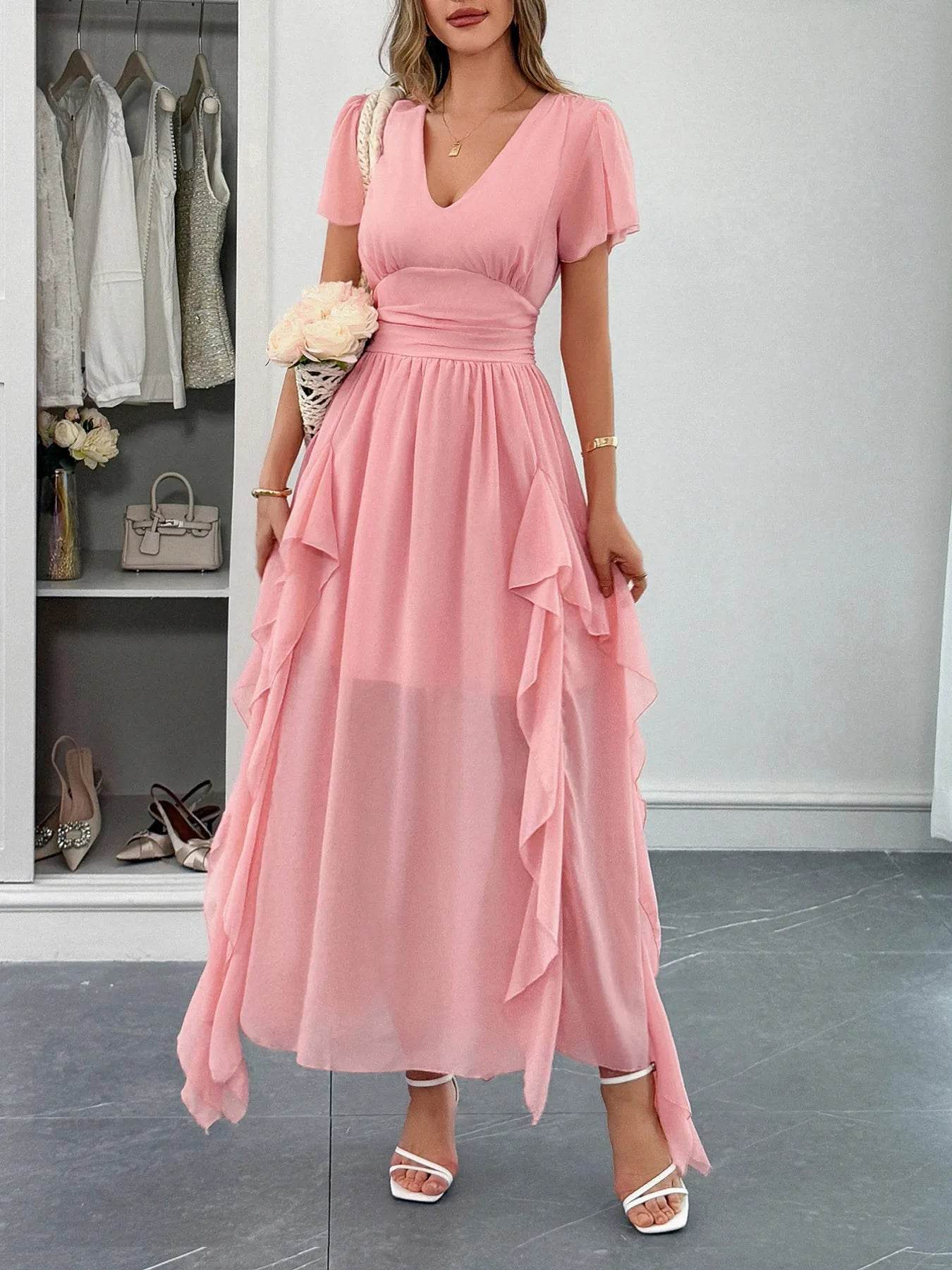 V-Neck Flutter Sleeve Dress Pink Pretty Picks