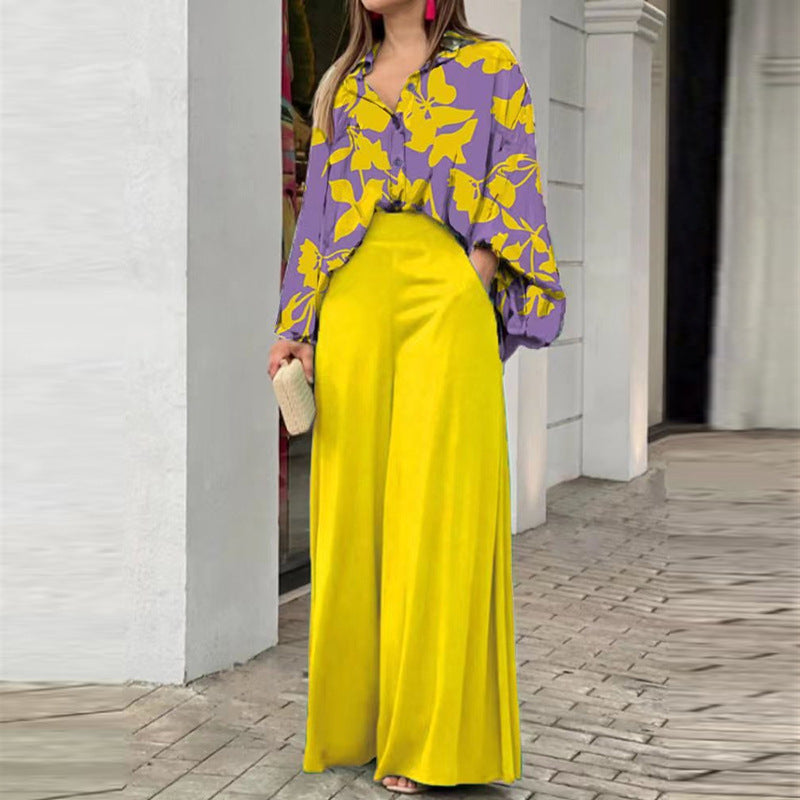 Loose And Elegant Casual Printed Shirt Top Wide Leg Pants Fashion Suit Yellow Pretty Picks