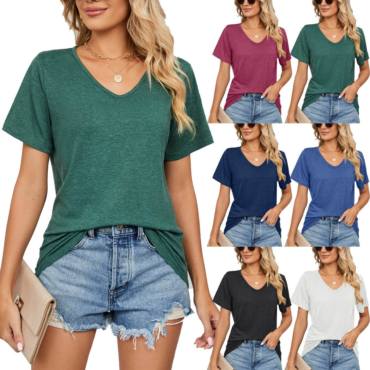 Spring Summer New Short Sleeves V-neck Loose-fitting T-shirt for Womens Pretty Picks
