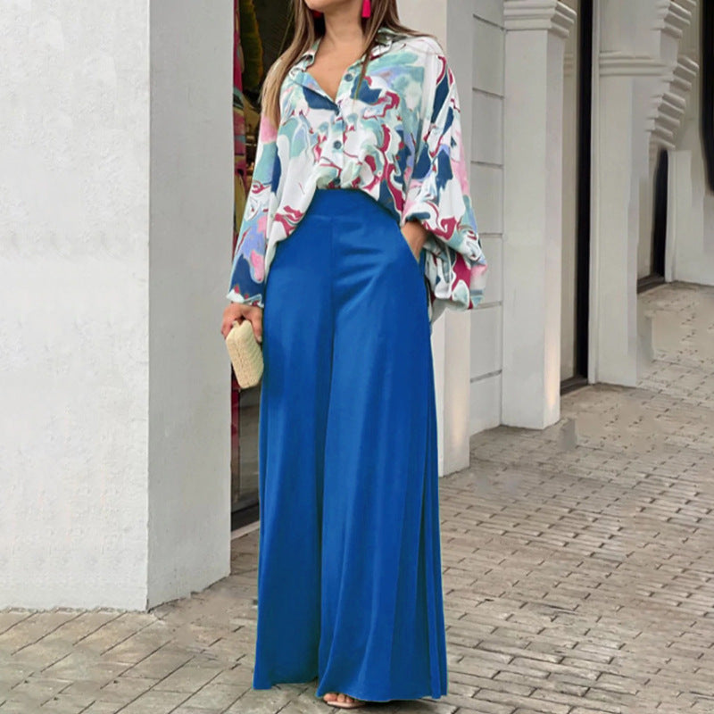 Loose And Elegant Casual Printed Shirt Top Wide Leg Pants Fashion Suit Pretty Picks
