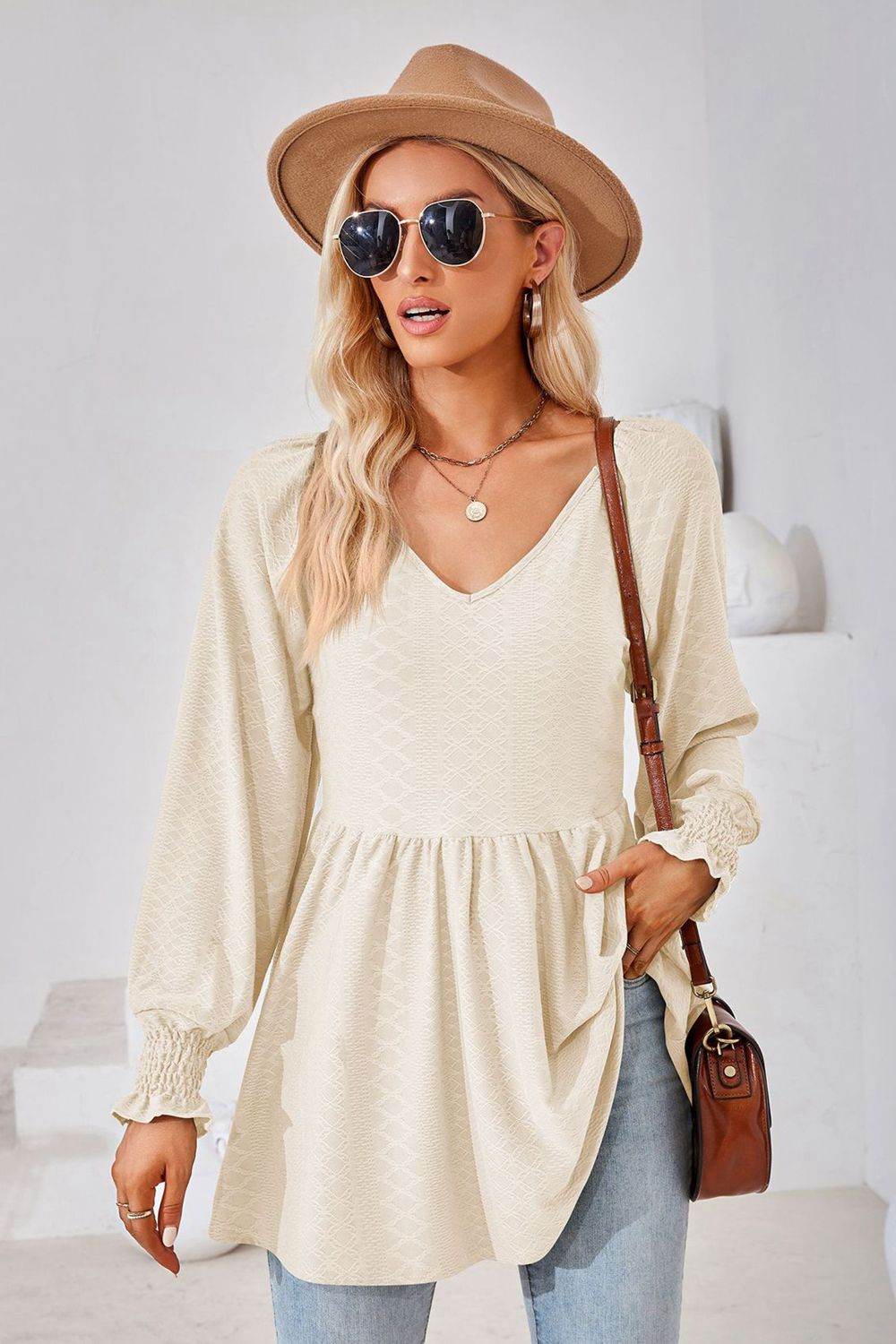 V-Neck Lantern Sleeve Blouse Cream Pretty Picks