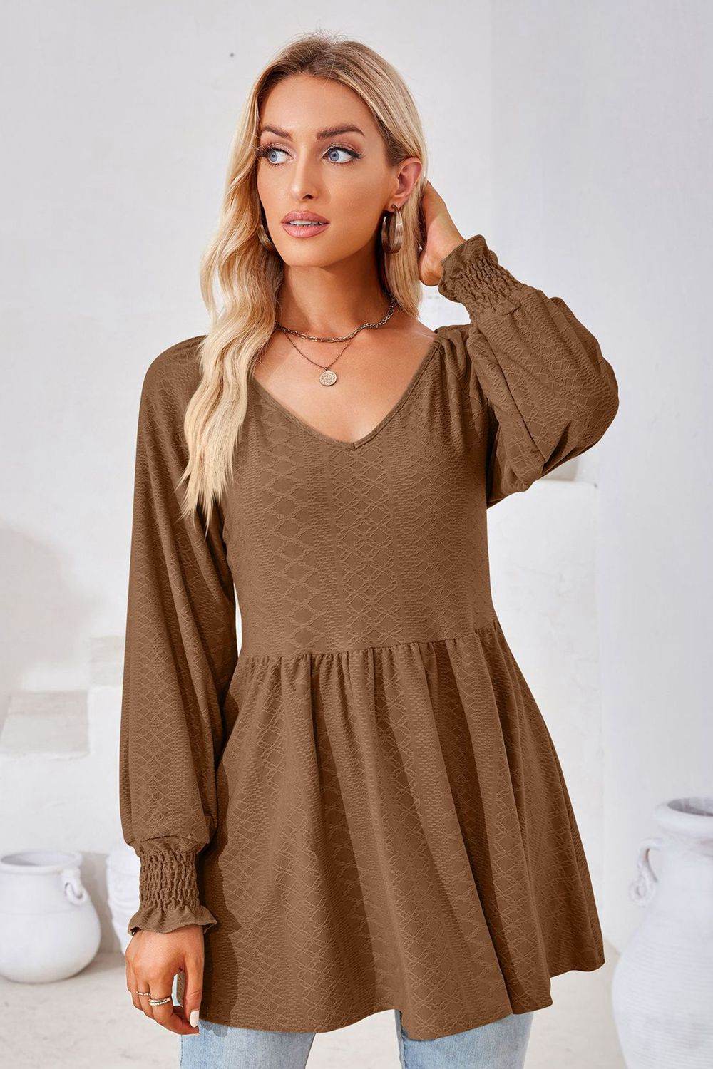 V-Neck Lantern Sleeve Blouse Pretty Picks