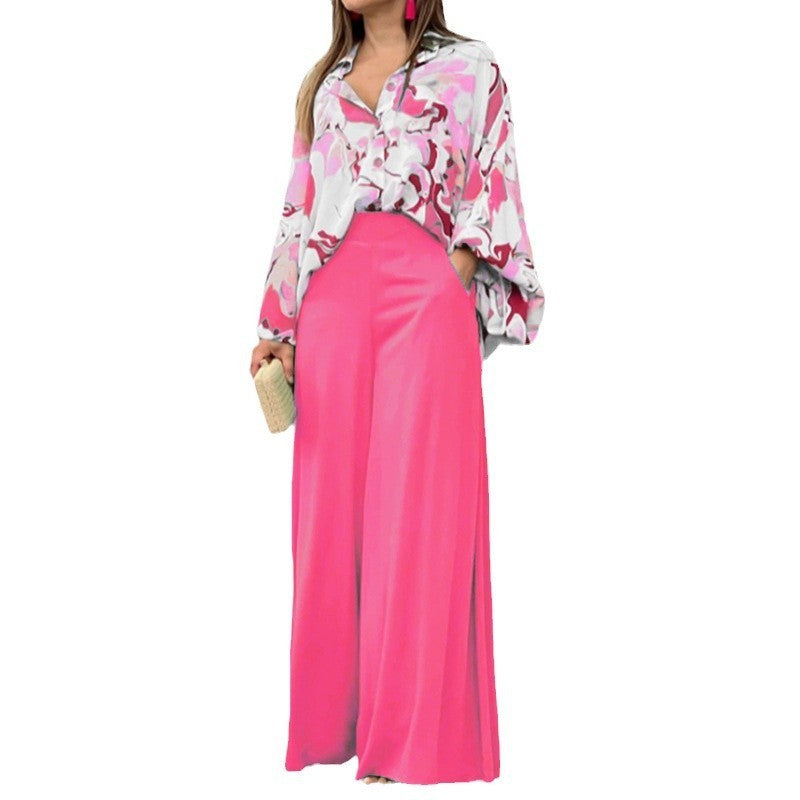 Loose And Elegant Casual Printed Shirt Top Wide Leg Pants Fashion Suit Pretty Picks