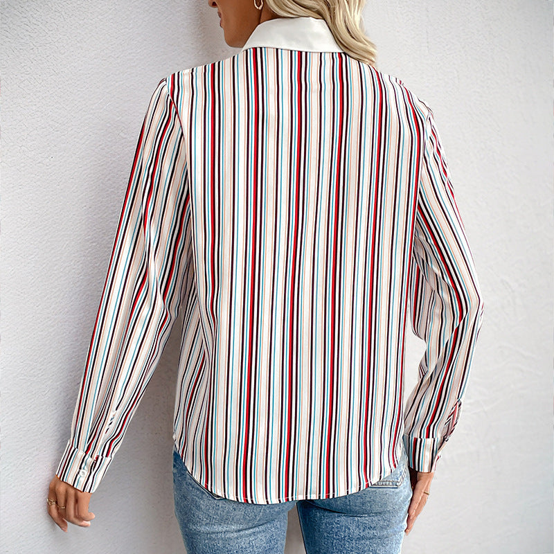 Lapel Color Vertical Striped Shirt For Women Pretty Picks