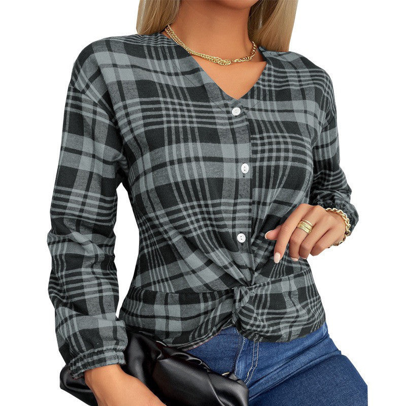 Women's Creative Plaid Casual Loose Shirt Gray Pretty Picks