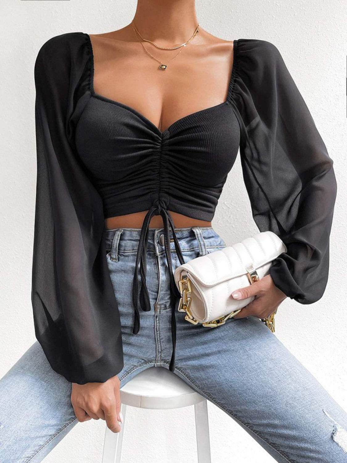 Drawstring Sweetheart Neck Cropped Top Black Pretty Picks