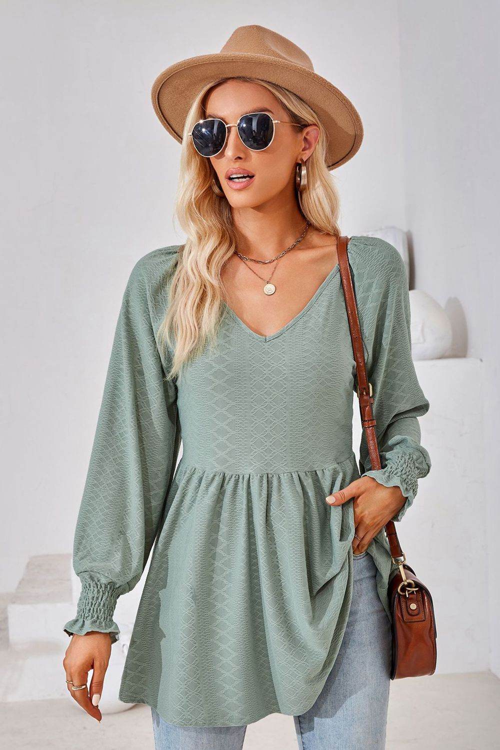 V-Neck Lantern Sleeve Blouse Sage Pretty Picks