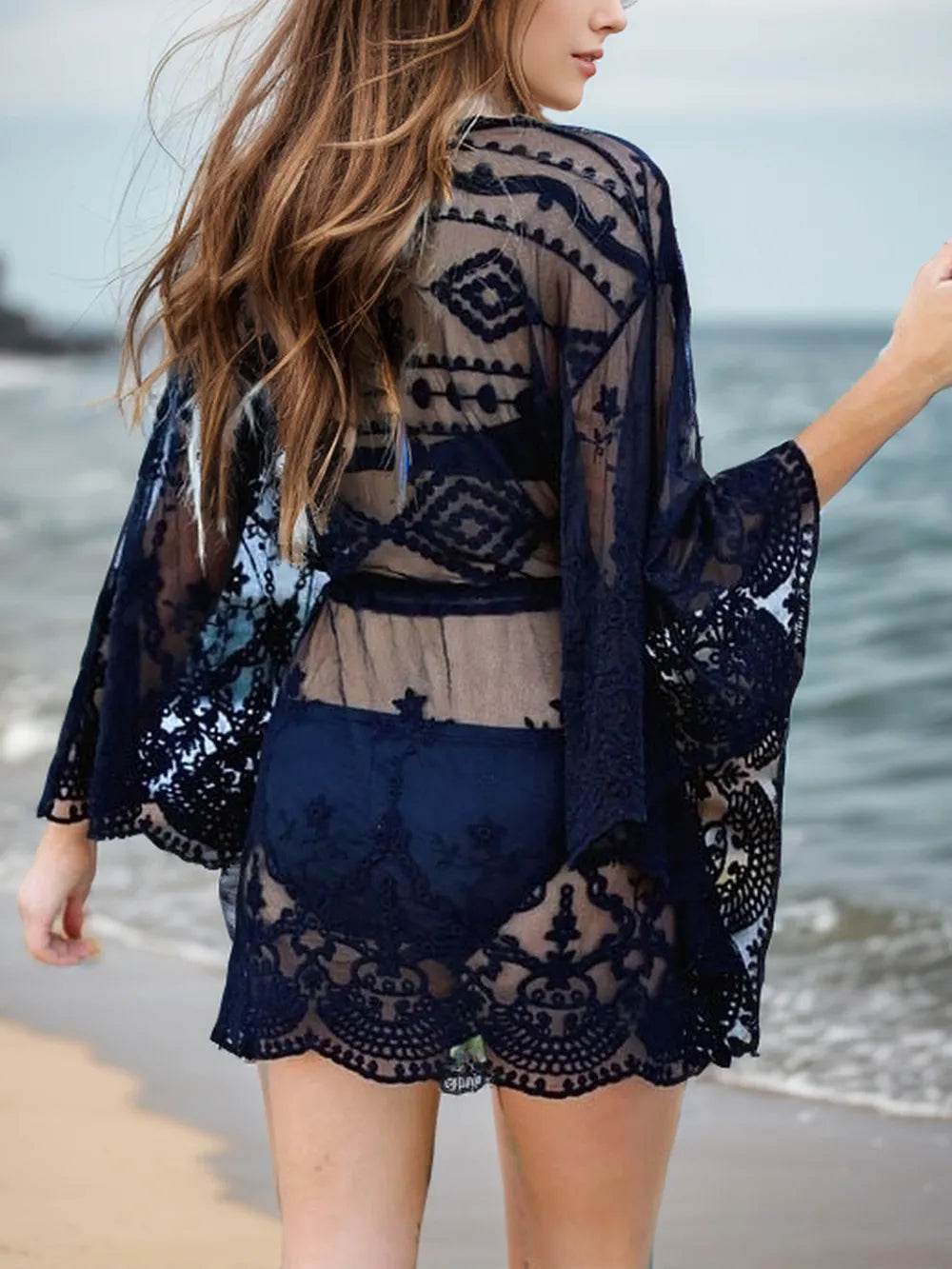 Lace V-Neck Three-Quarter Sleeve Cover Up Pretty Picks