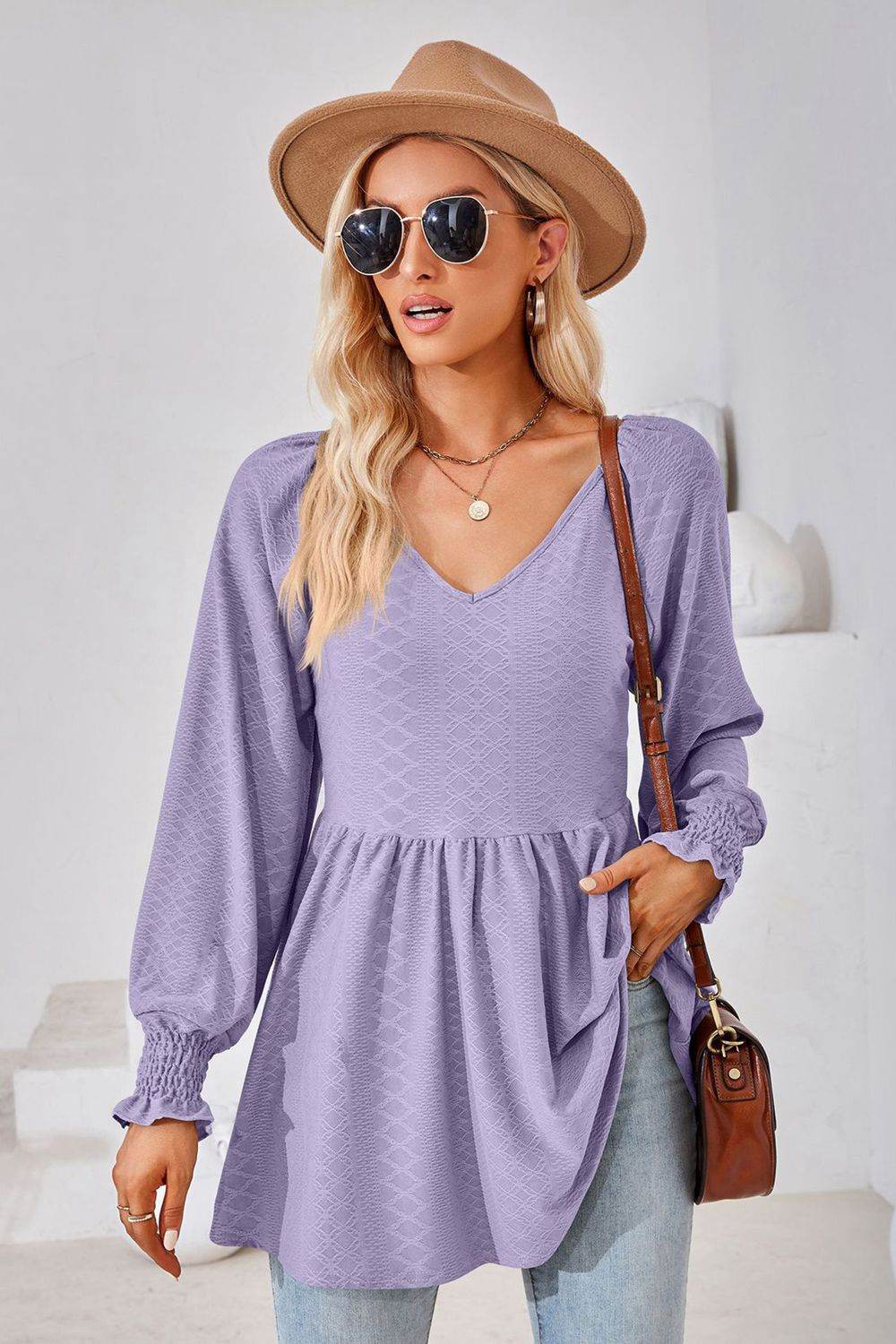 V-Neck Lantern Sleeve Blouse Lavender Pretty Picks