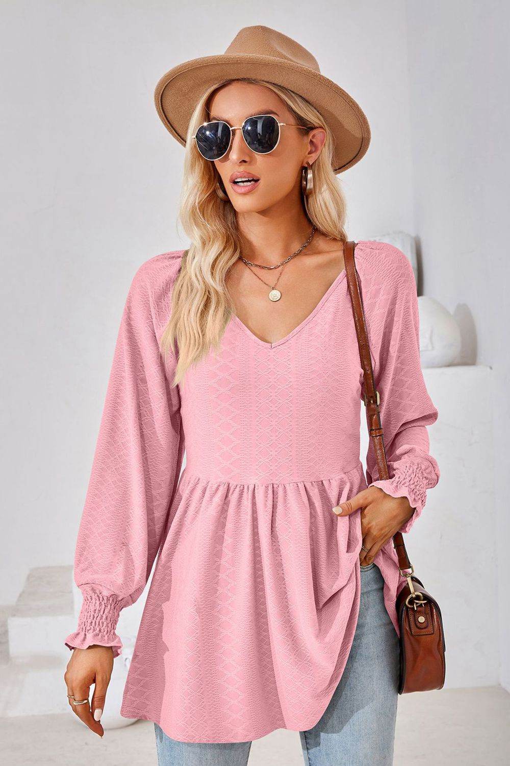 V-Neck Lantern Sleeve Blouse Pink Pretty Picks