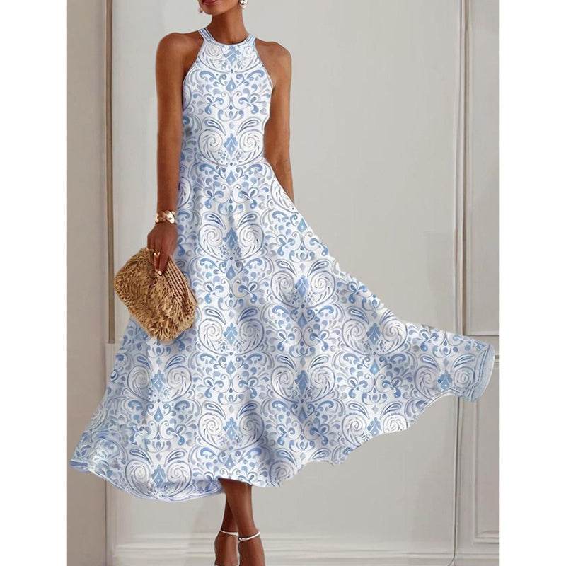 Women's Boho Halter Dress – Flowy Floral Summer Sundress Light Blue Pretty Picks
