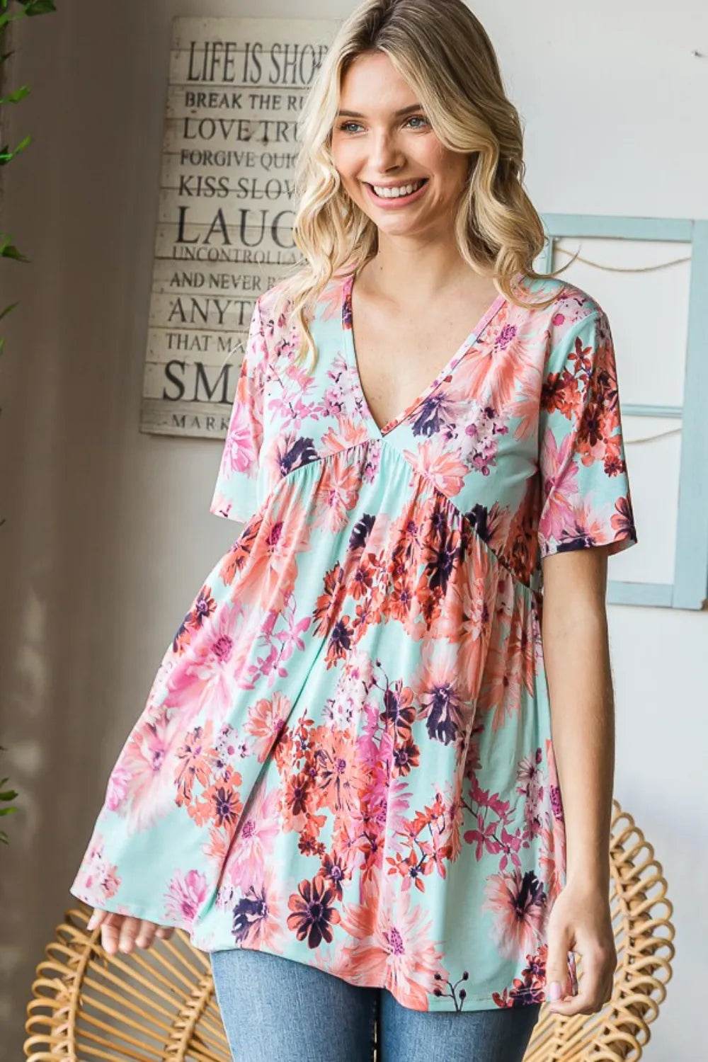 Heimish Full Size Floral V-Neck Short Sleeve Babydoll Blouse Pretty Picks