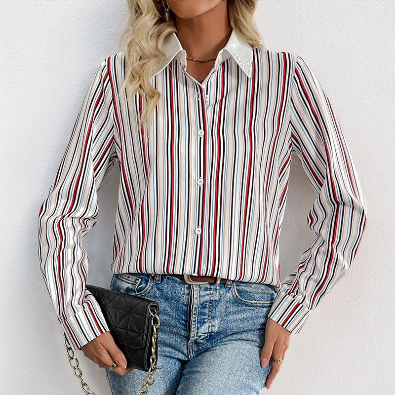 Lapel Color Vertical Striped Shirt For Women Wine Red Pretty Picks