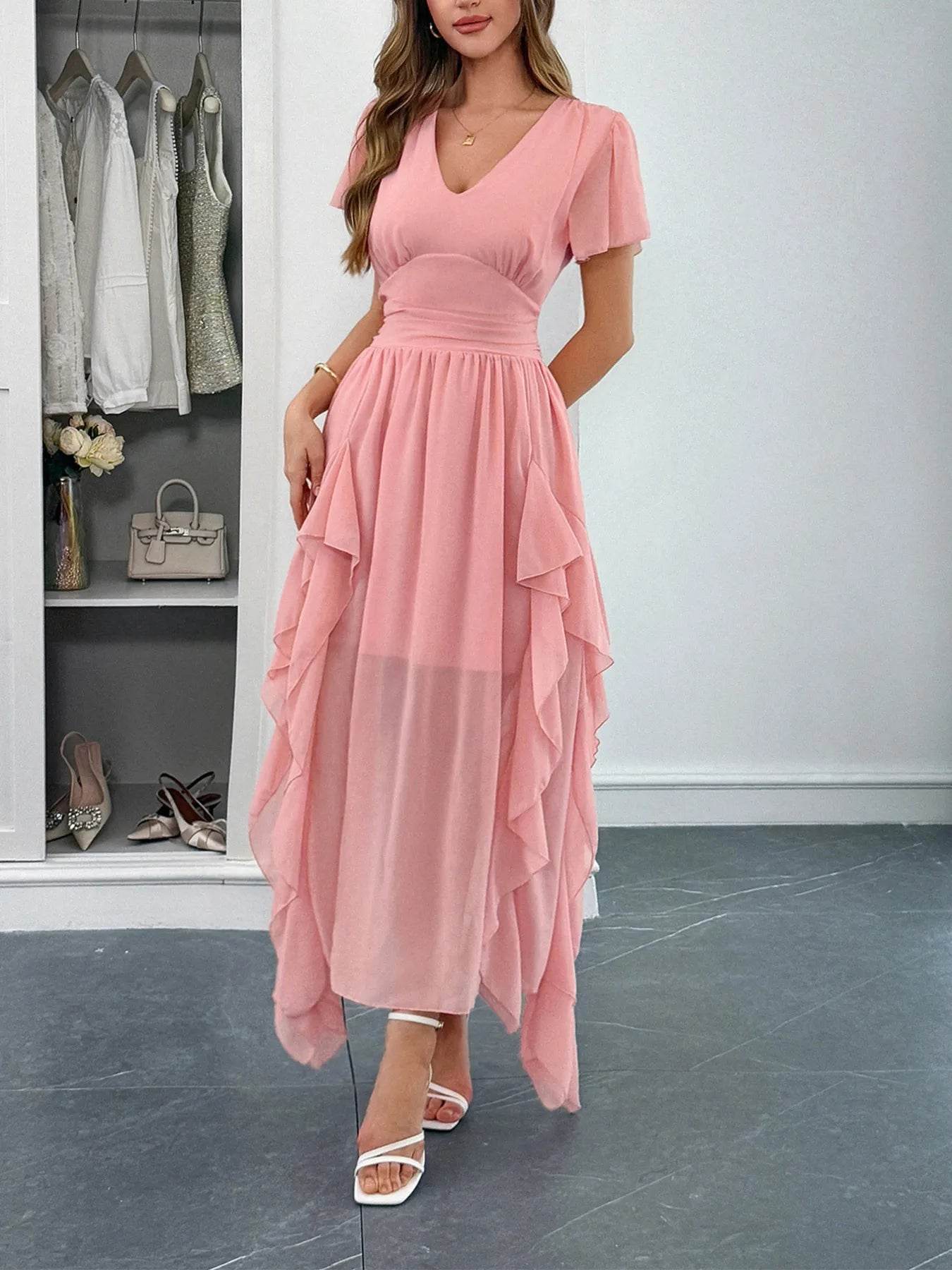 V-Neck Flutter Sleeve Dress Pretty Picks